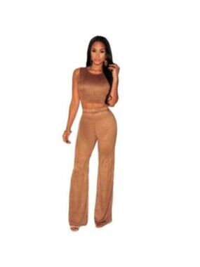 Vintage Mocha Suede Two Piece Pants Set - Crop Top